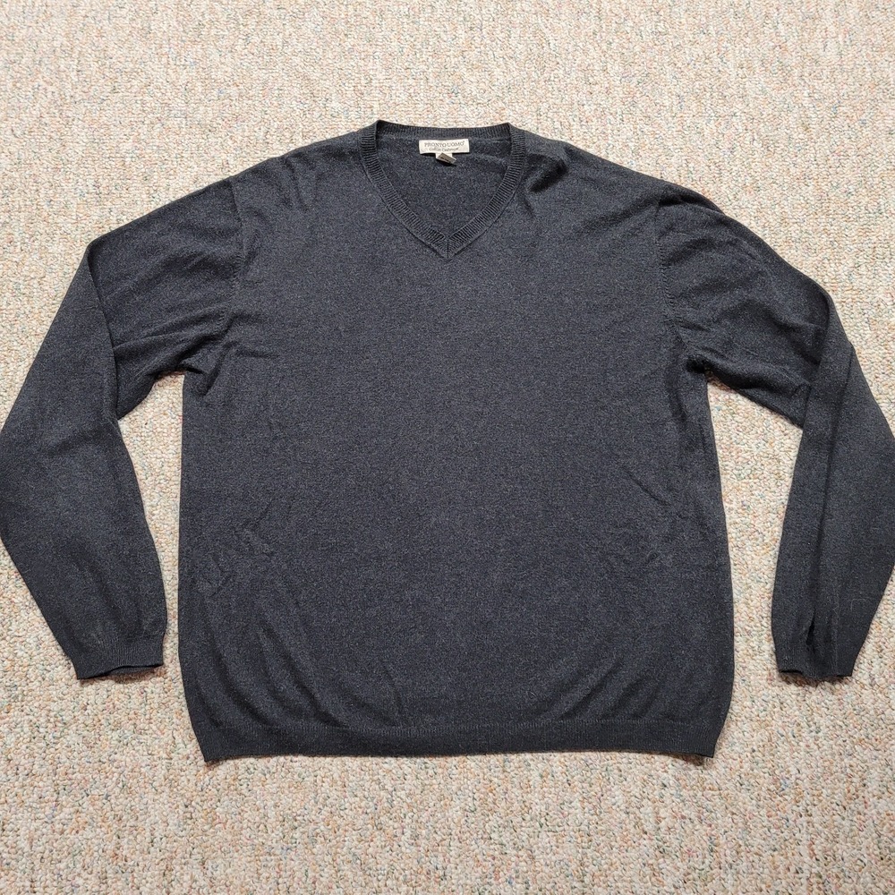 Pronto Uomo Sweater‎ Mens XL Grey Cotton Cashmere Pullover Solid VNeck Preppy